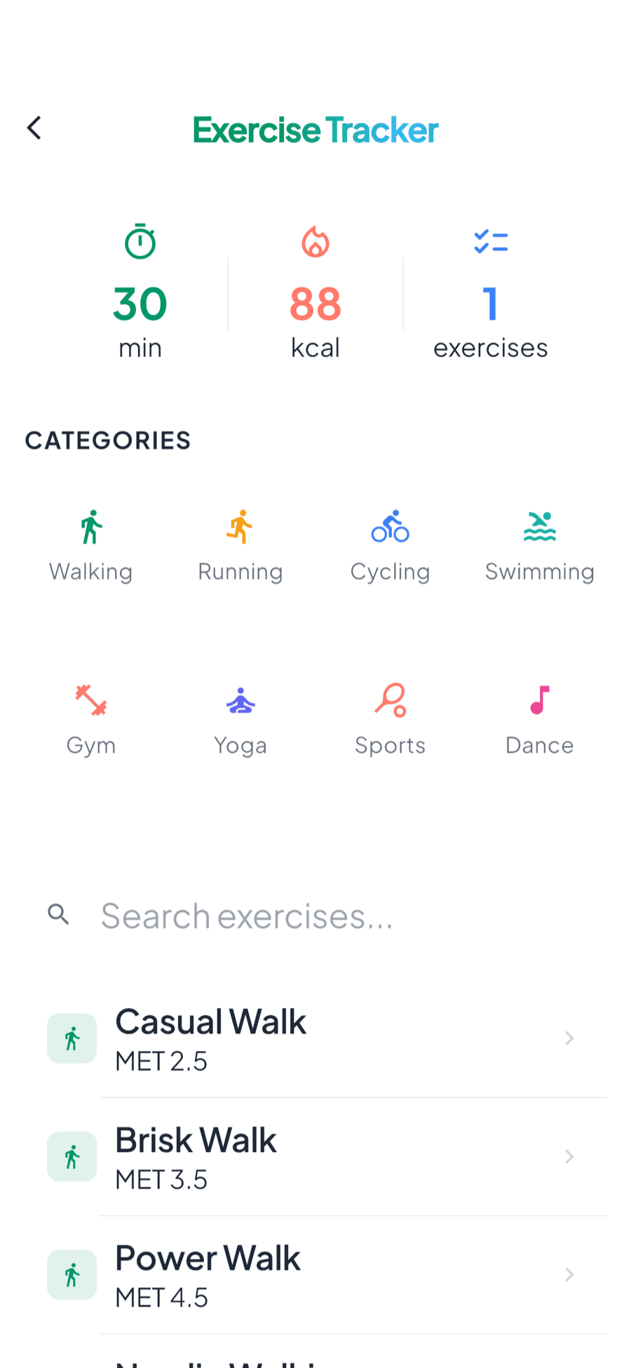 MyNutriRise cardio tracker with walking, running, cycling and swimming