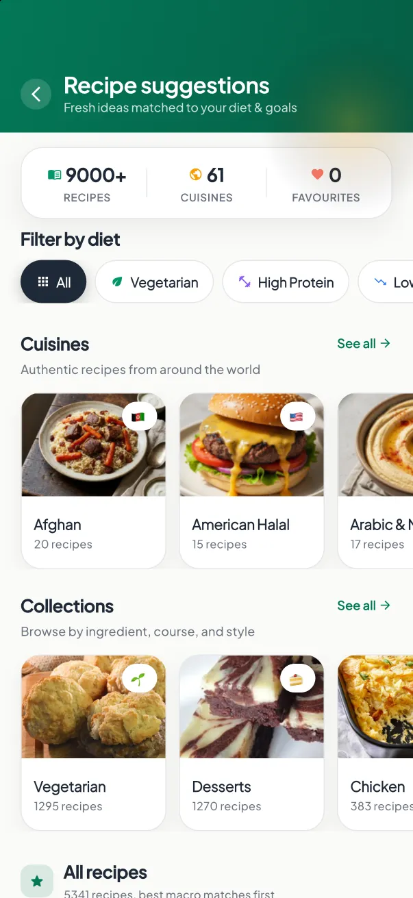 MyNutriRise recipes screen with healthy recipes and categories