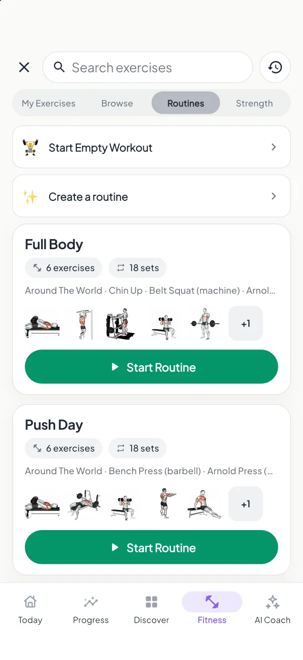 MyNutriRise workout routines — Full Body, Push Day and Pull Day with start buttons